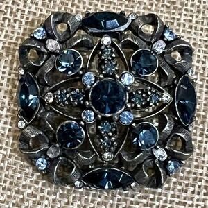 Craft Signed Blue Rhinestone Gunmetal Filigree Round Brooch Pin 1.5" Gothic